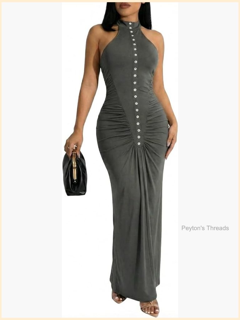 Sleeveless Halter Maxi Dress Bodycon Ruched Long Party Cocktail